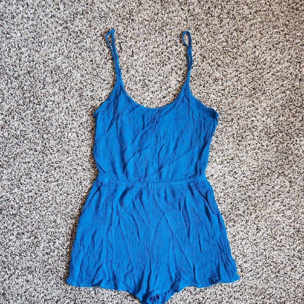 Teal Crepe Romper Beach Small Keyhole Back Pockets Lightweight